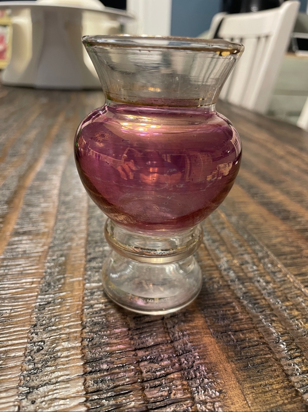 Vintage Anchor Hocking Cranberry Pink Flash Glass Urn Pedestal Vase Gold Trim MC - Picture 2 of 5